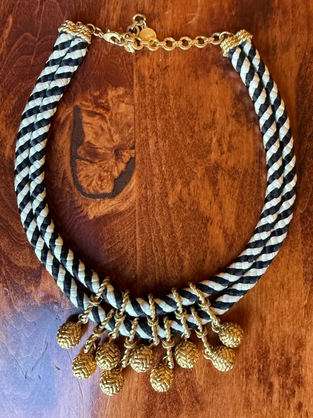 Stella & Dot Black and White Braided Rope Necklace with Gold Charms